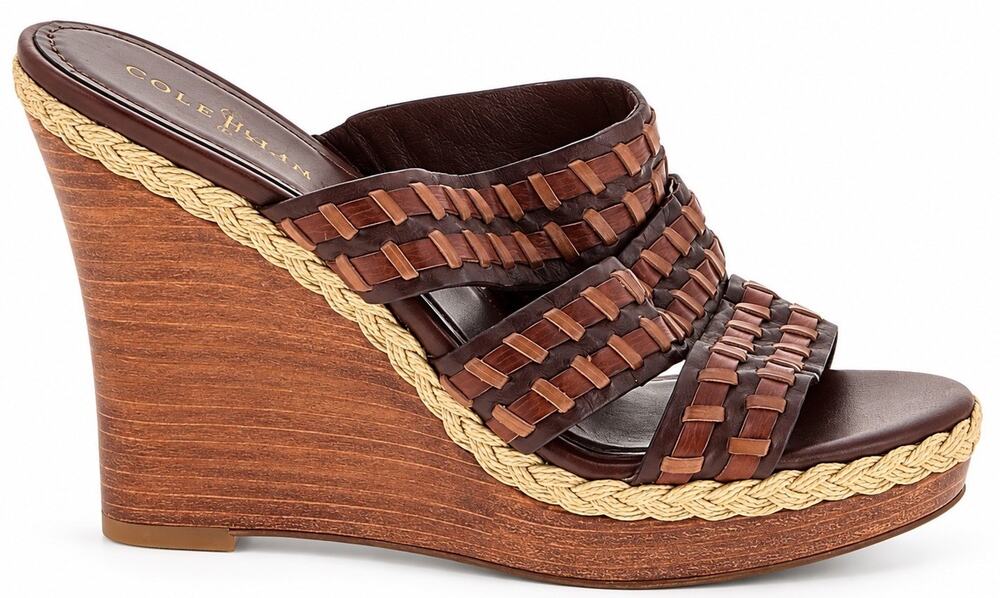 Cole Haan Women’s Size 6.5 Brown Leather Woven Wedges Slip On Slide Sandals Fall